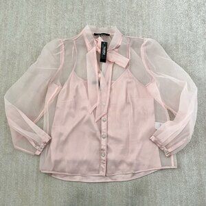 NWT White House Black Market Pink Long Sleeve Sheer Tie Front Blouse Top L